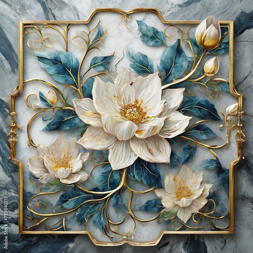 panel wall art, marble background with flowers designs , Ai Generate
