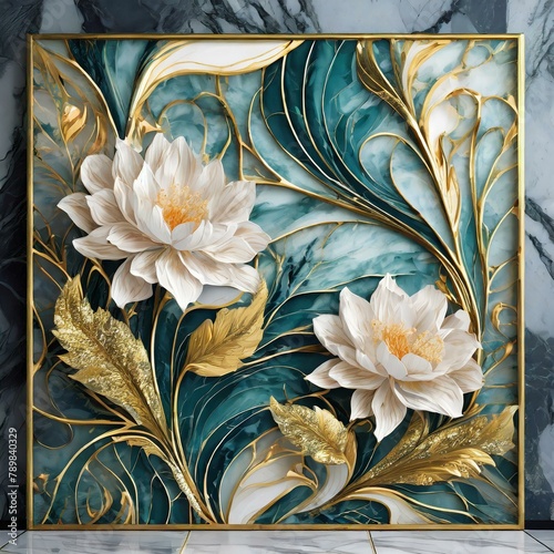 panel wall art, marble background with flowers designs , Ai Generate