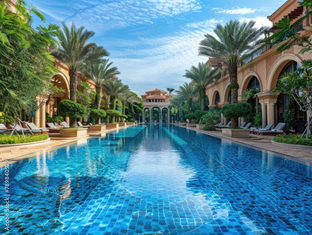 beautiful luxury outdoor swimming pool in a hotel and resort! It's a serene oasis, surrounded by lush greenery and elegant architecture. Let's dive in and enjoy a refreshing swim while soaking up 
