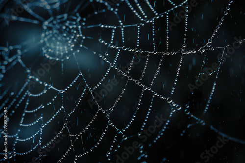 a dark background with raindrops on a spider web © 소연 박