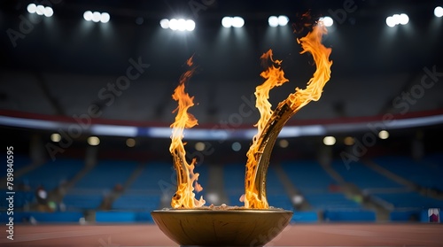Flame burns in Olympic torch against blurred sports arena.generative.ai