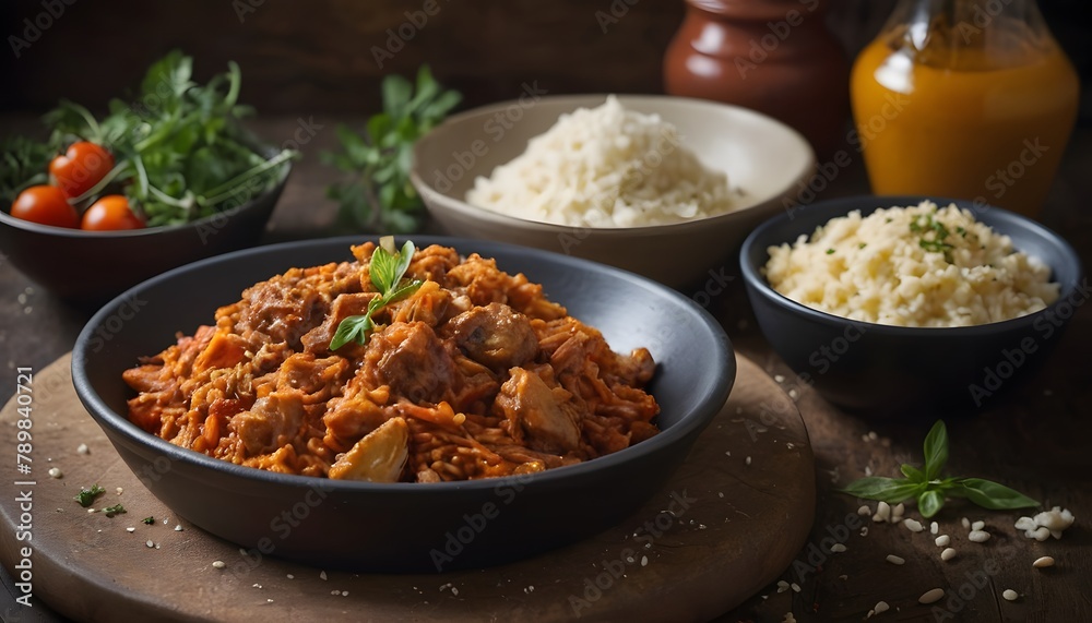 Savory jambalaya in rustic kitchen setting Savory jambalaya in rustic kitchen setting