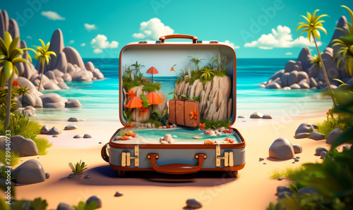 Sun-drenched Tropical Island Adventure: Open Suitcase Reveals Idyllic Beach Paradise, Vacation Travel Concept