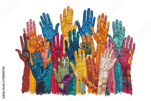 Colorful raised hands in unity embroidery. Embroidered patch badge of hands reaching upwards in a spectrum of colors isolated on transparent background. Diversity, community, and support concept