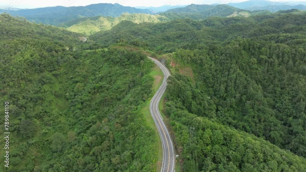 Aerial view of dark green forest road and white electric car Natural landscape and elevated roads Adventure travel and transportation and environmental protection concept	
