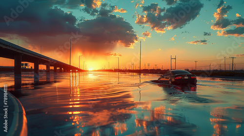 A lone car travels down a waterlogged street under a dramatic sunset sky, reflecting the resilience amid natural challenges. photo