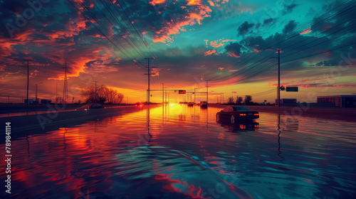 A lone car travels down a waterlogged street under a dramatic sunset sky, reflecting the resilience amid natural challenges. © bajita111122