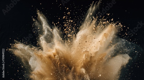 Abstract sand cloud.Golden colored sand splash agianst dark background.Yellow sand fly wave in the air. Sand explode on black background ,throwing freeze stop motion concept.