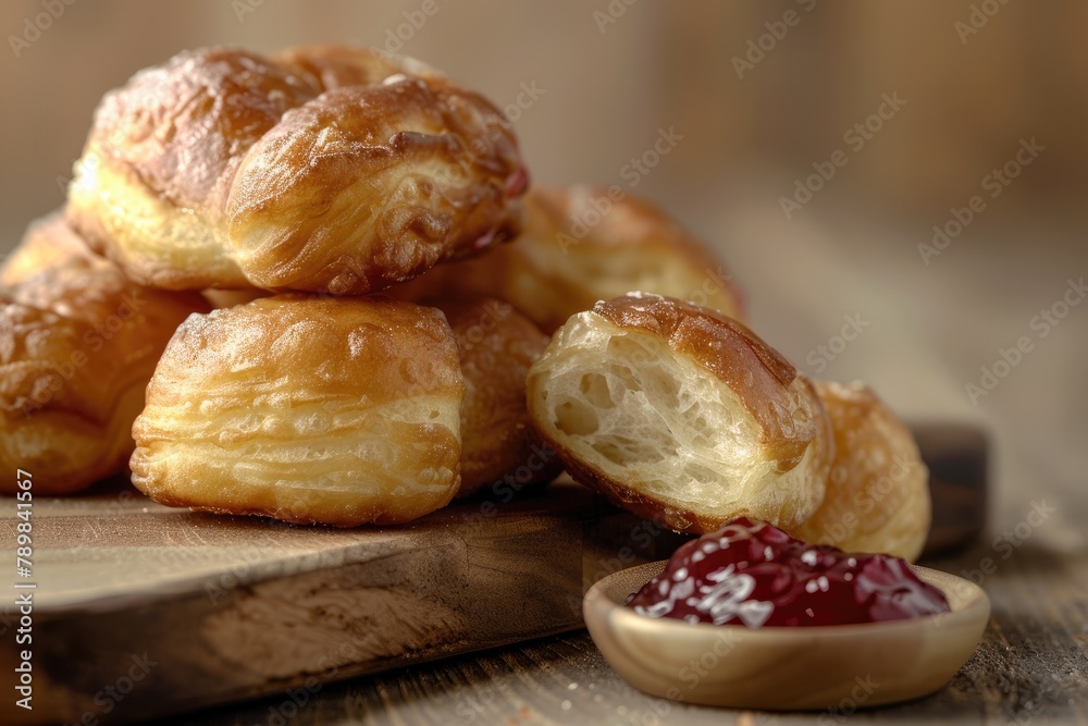 Beignets on a wooden cutting board, with a small bowl of raspberry jam Beignets on a wooden cutting board, with a small bowl of raspberry jam