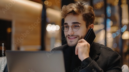 Smiling young businessman, works in the office at the laptop, talks and consults on the phone with clients.
