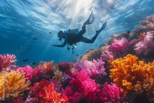 A scuba diver floats effortlessly amongst a mesmerizing coral reef teeming with marine life, illuminated by sunlight filtering through water.