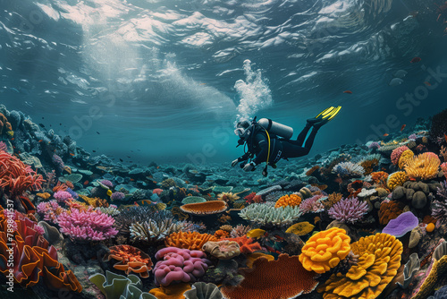 A scuba diver floats effortlessly amongst a mesmerizing coral reef teeming with marine life, illuminated by sunlight filtering through water. © bajita111122