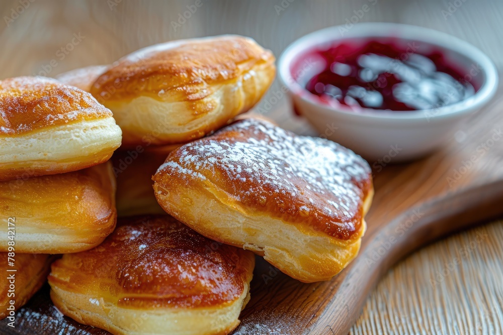 Beignets on a wooden cutting board, with a small bowl of raspberry jam