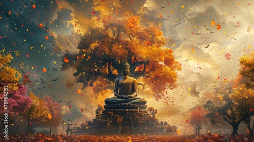 banner background Theravada New Year Day theme, and wide copy space, A symbolic illustration of the Bodhi tree, under which Lord Buddha attained enlightenment, with colorful decorations, 