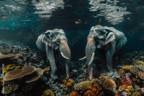 Underwater Elephants Amidst Vibrant Coral Reef