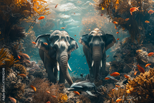 Underwater Elephants Amidst Vibrant Coral Reef photo