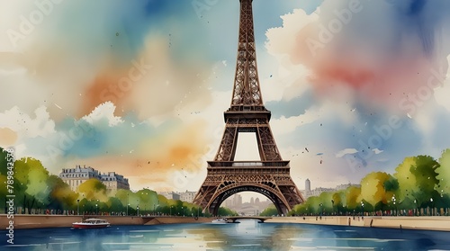Paris Olympic Games 2024 Background Wallpaper Template Eiffel Tower Seine River.generative.ai © Waqar