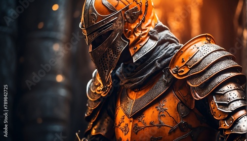a orange theme knight warrior on medieval era with glowing armor from Generative AI photo