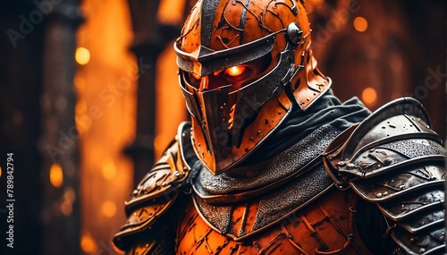 a orange theme knight warrior on medieval era with glowing armor from Generative AI