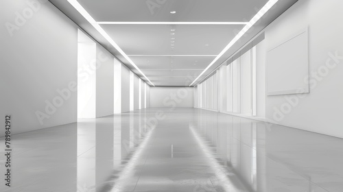 Modern gallery interior with blank white canvas frames and reflective marble floor