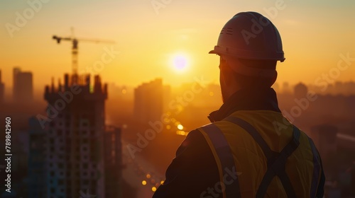 Construction worker at dawn overlooking city skyline. Backlit silhouette of a male in safety gear during sunrise
