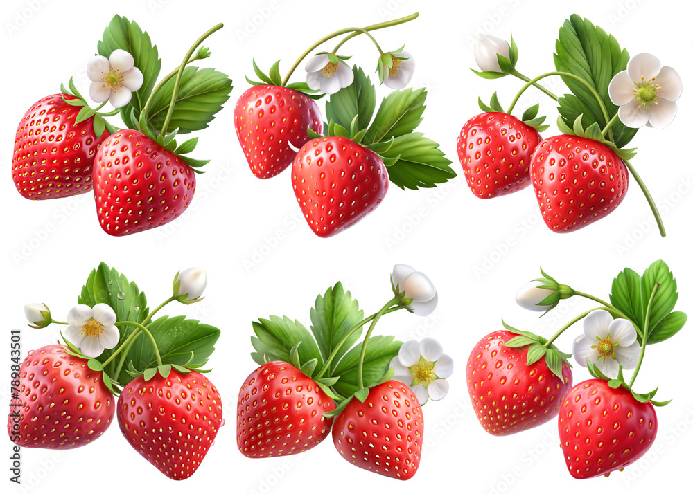 Realistic fruit, Strawberries branches with a few drops water, PNG transparent image, AI generative