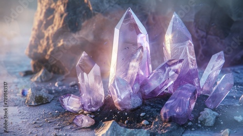 Zen-like arrangement of amethyst and quartz crystals  capturing serene beauty with a focus on simplicity and color on a monochromatic background