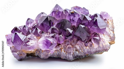 Vibrant purple amethyst cluster against a stark white backdrop, detailed macro showing shimmering facets