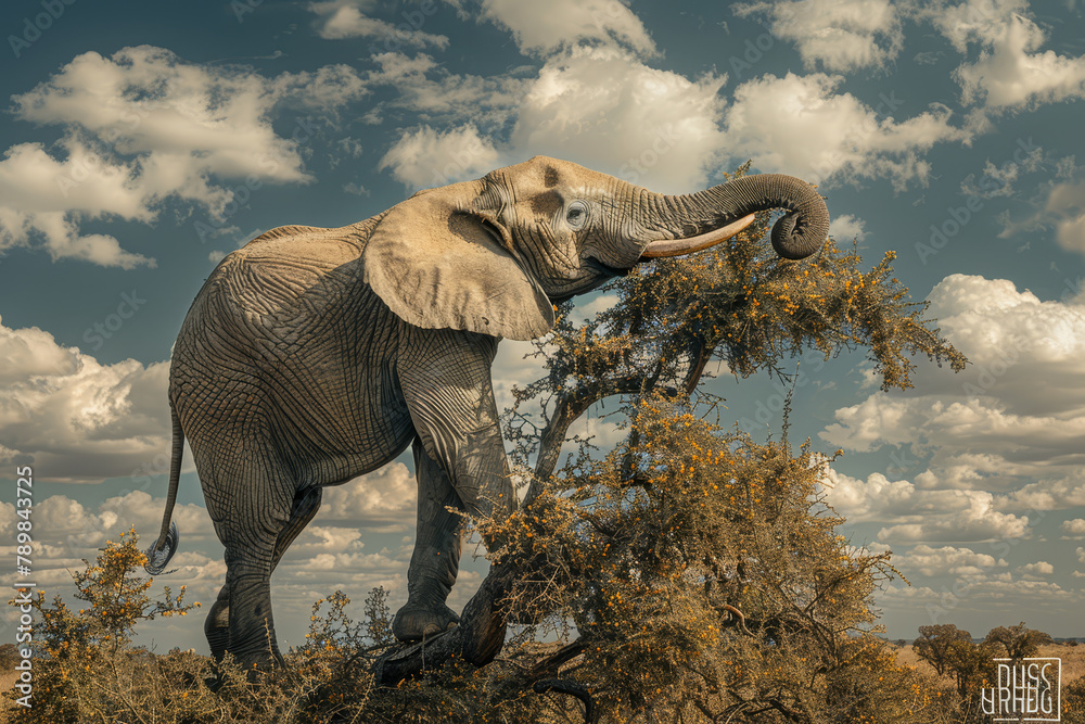 Fototapeta premium A surreal black and white image of an elephant appearing to cling onto a tree branch against a cloudy sky.