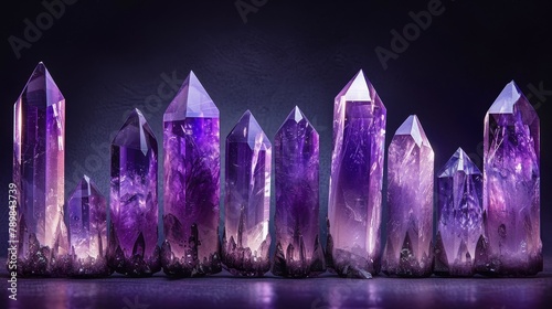 Tall, elegant amethyst towers, lined up in a row, their tips glowing under soft lighting on a pure black background photo