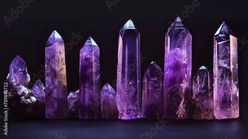 Tall, elegant amethyst towers, lined up in a row, their tips glowing under soft lighting on a pure black background photo