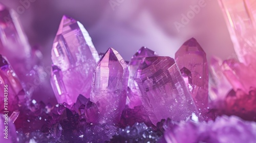 Softly lit, elegant presentation of crystal stone macro minerals in shades of purple and pink, designed for high-end jewelry advertising