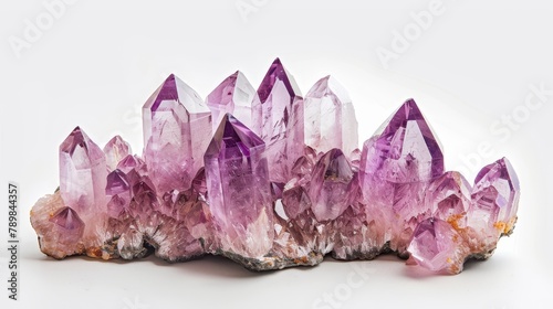 Minimalistic display of sparkling amethyst quartz crystals against a stark white background, emphasizing the rich purple and pink hues