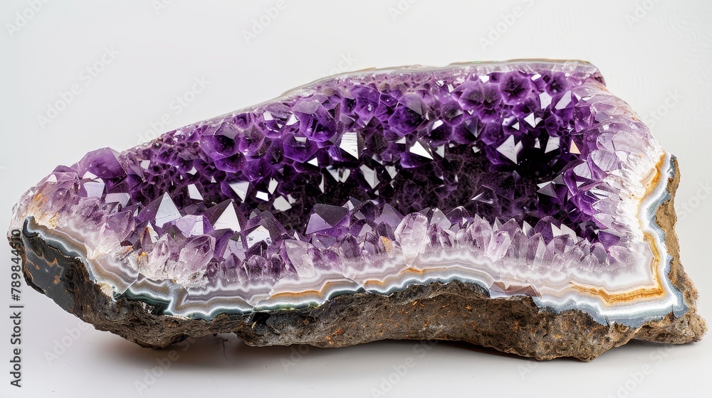 Macro shot of a tall amethyst geode, emphasizing the deep violet and clear crystal textures, set on an isolated background