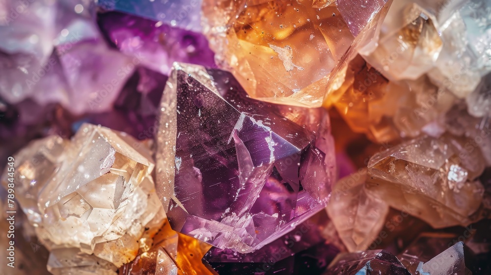 Macro shot of a cluster of geological crystals combining amethyst, quartz, and garnet, with each crystal's clarity and shine being the focal point Macro shot of a cluster of geological crystals combining amethyst, quartz, and garnet, with each crystal's clarity and shine being the focal point