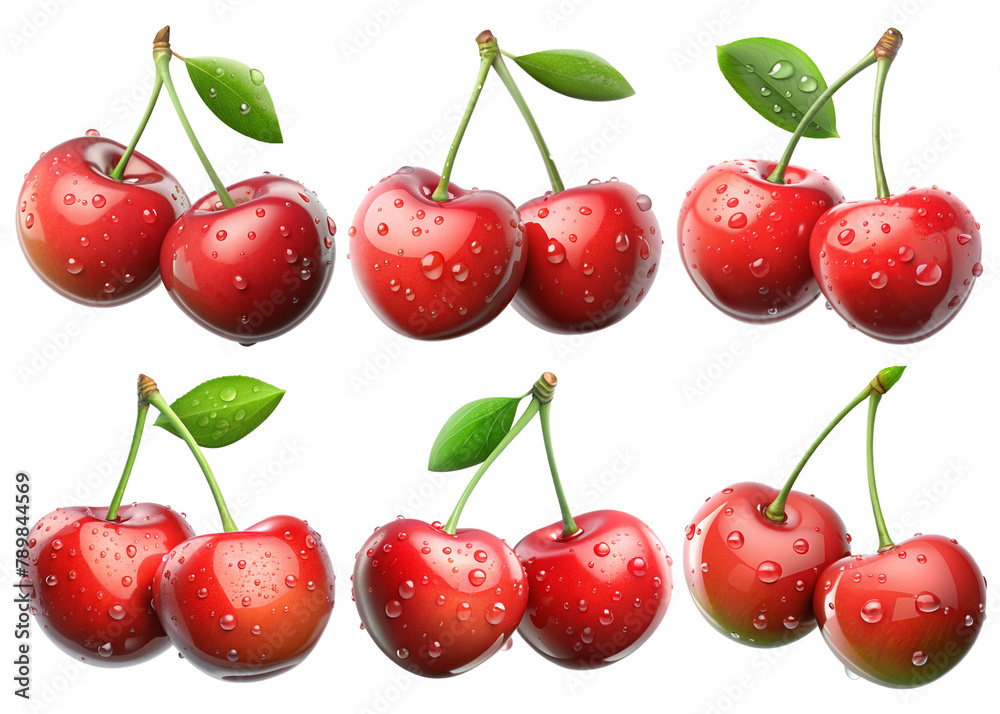 Realistic fruit, cherry with a few drops water, PNG transparent image, AI generative