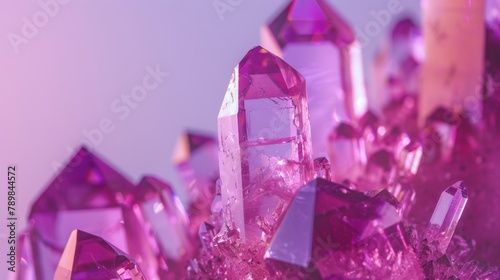 Macro shot of an amethyst quartz crystal cluster, featuring vibrant shades of purple and a minimalist design on a clean background