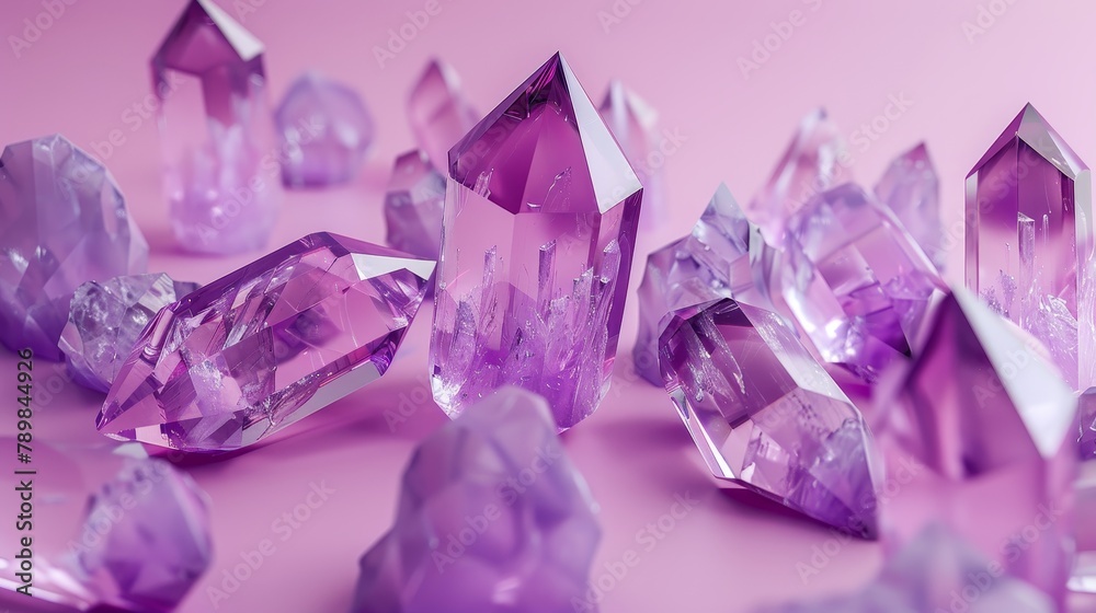Geometric layout of amethyst quartz crystals, emphasizing sharp angles and smooth surfaces, pure and isolated background