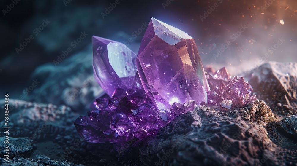 Ethereal view of a crystal stone macro mineral, amethyst, with light piercing through to reveal hidden hues and textures, positioned against a dark backdrop Ethereal view of a crystal stone macro mineral, amethyst, with light piercing through to reveal hidden hues and textures, positioned against a dark backdrop