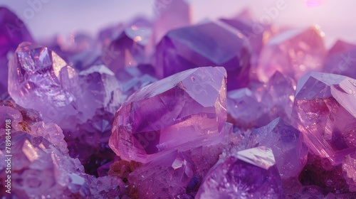 High-definition image of amethyst crystals in a minimalist setting, capturing the stone's raw beauty and geometric forms