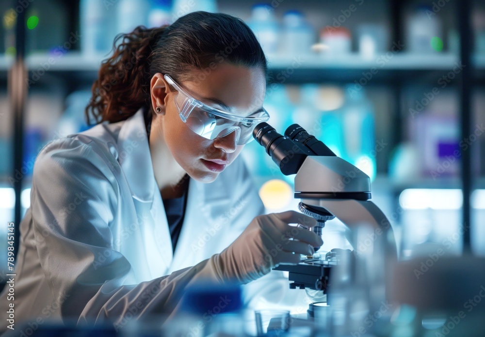 Focused Scientist Analyzing Sample Under Microscope Focused Scientist Analyzing Sample Under Microscope