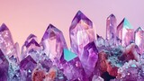 Dramatic display of geological crystals, focusing on the deep purple of amethyst against a contrasting light pink backdrop