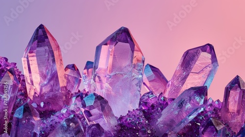Dramatic display of geological crystals, focusing on the deep purple of amethyst against a contrasting light pink backdrop photo