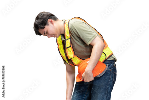 Asian male worker accident at work during working on transparent background. Worker have sick while working on transparent background