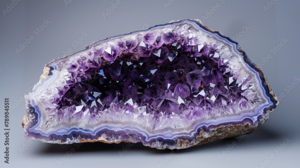 Close-up of a purple amethyst geode, showcasing the intricate patterns and sparkling depth, set against an isolated black background for dramatic contrast