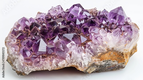 Close-up of a large, raw Brazilian amethyst on an isolated background, capturing the intricate details and rich purple hues of the crystal