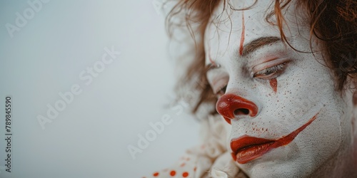 Close-up of a person in clown makeup with expressive eyes and a melancholic look.