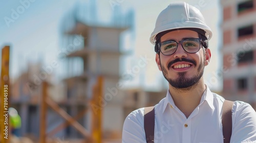 Civil Engineer Hispanic smiling with Constuction backgrounds, use for banner cover. Success in target of project goal Handsome Middle Eastern worker photo