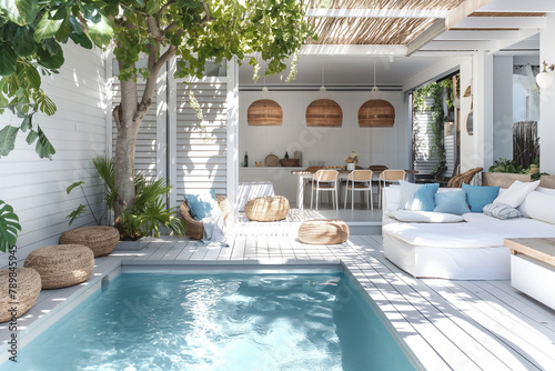Sleek minimalist patio in Sydney coastal home, cool blue and white palette, noon light enhancing open space with weathered wood and ceramic accents