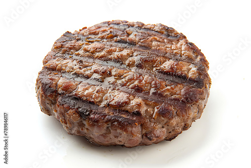 Grilled hamburger patty isolated on a white background